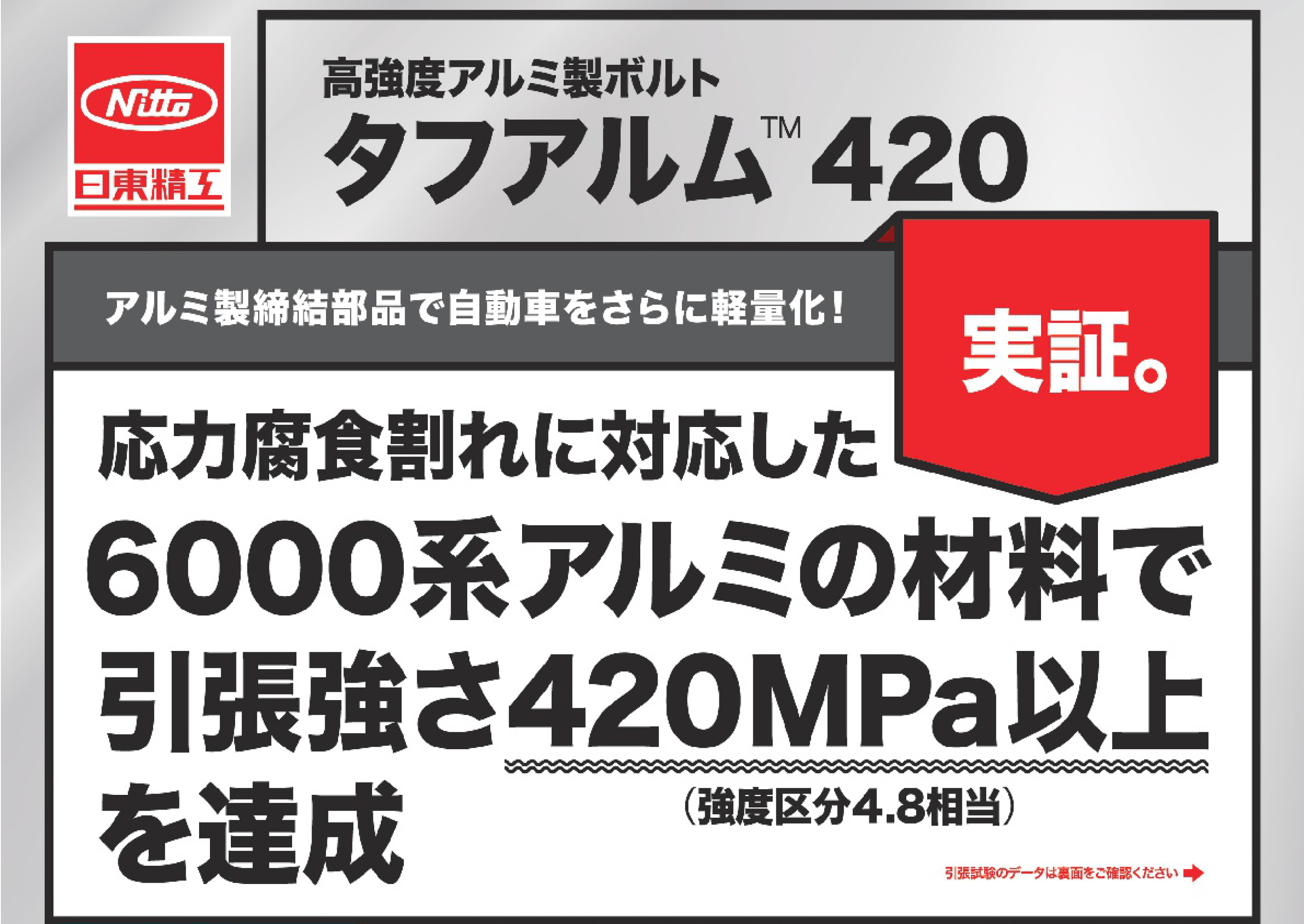 【軽量化支援！】高強度アルミボルト「タフアルム®４２０」を開発